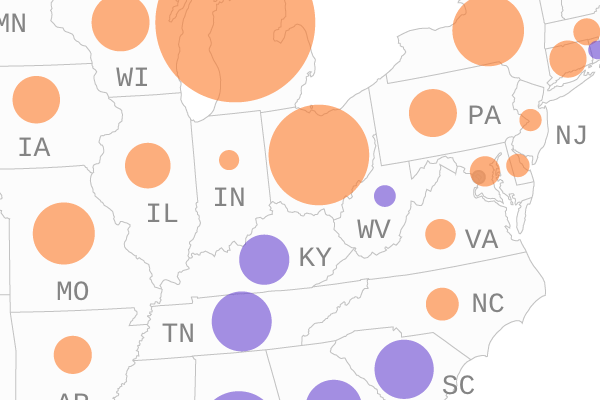 Map of change in auto manufacturing jobs in U.S. states
